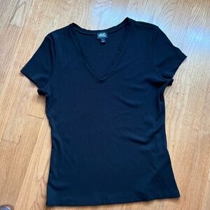 Inc black ribbed short sleeve v. Neck tee